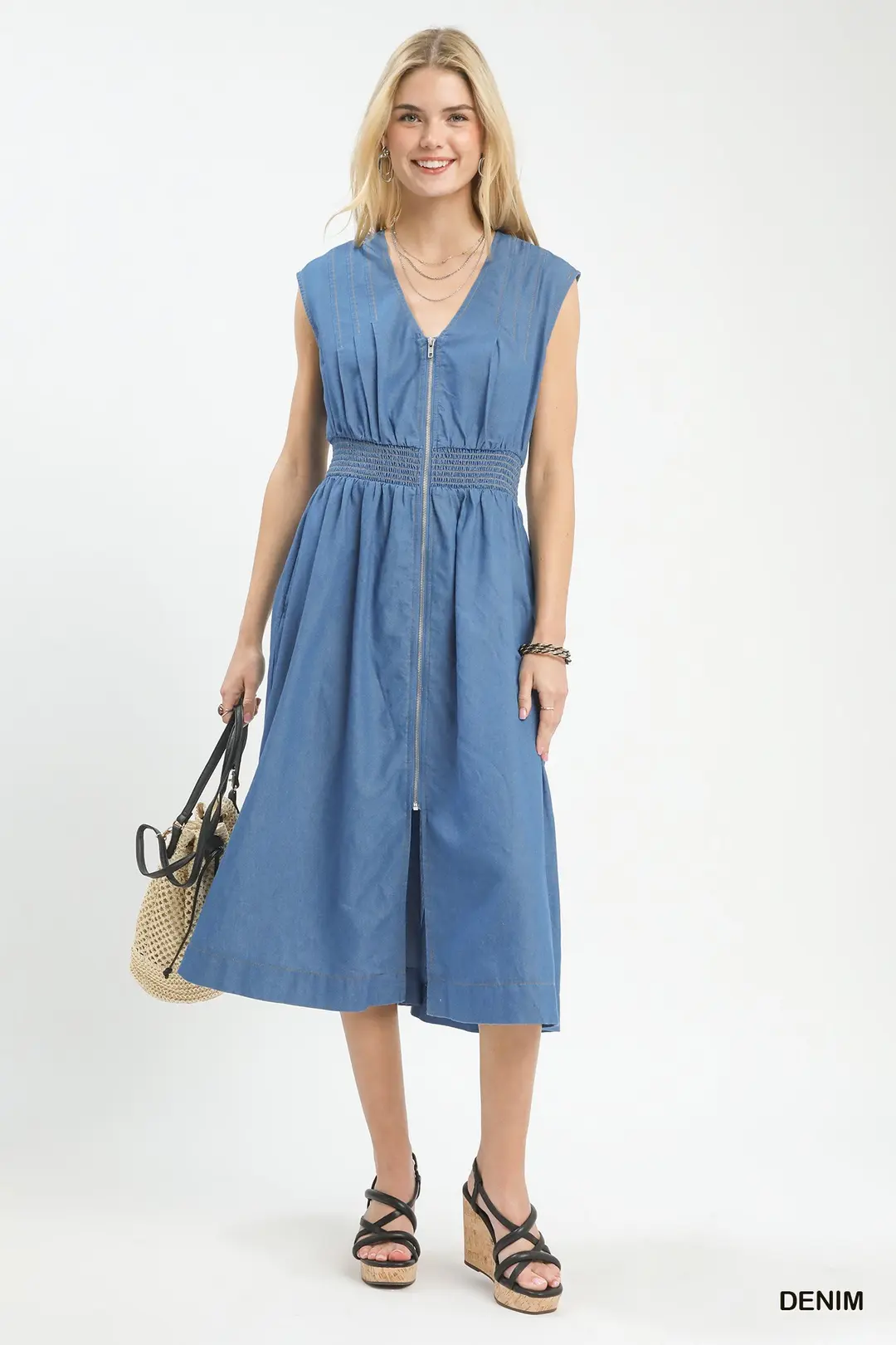 Denim Sleeveless Zip-Front Smocked Waist Midi Dress, image 4