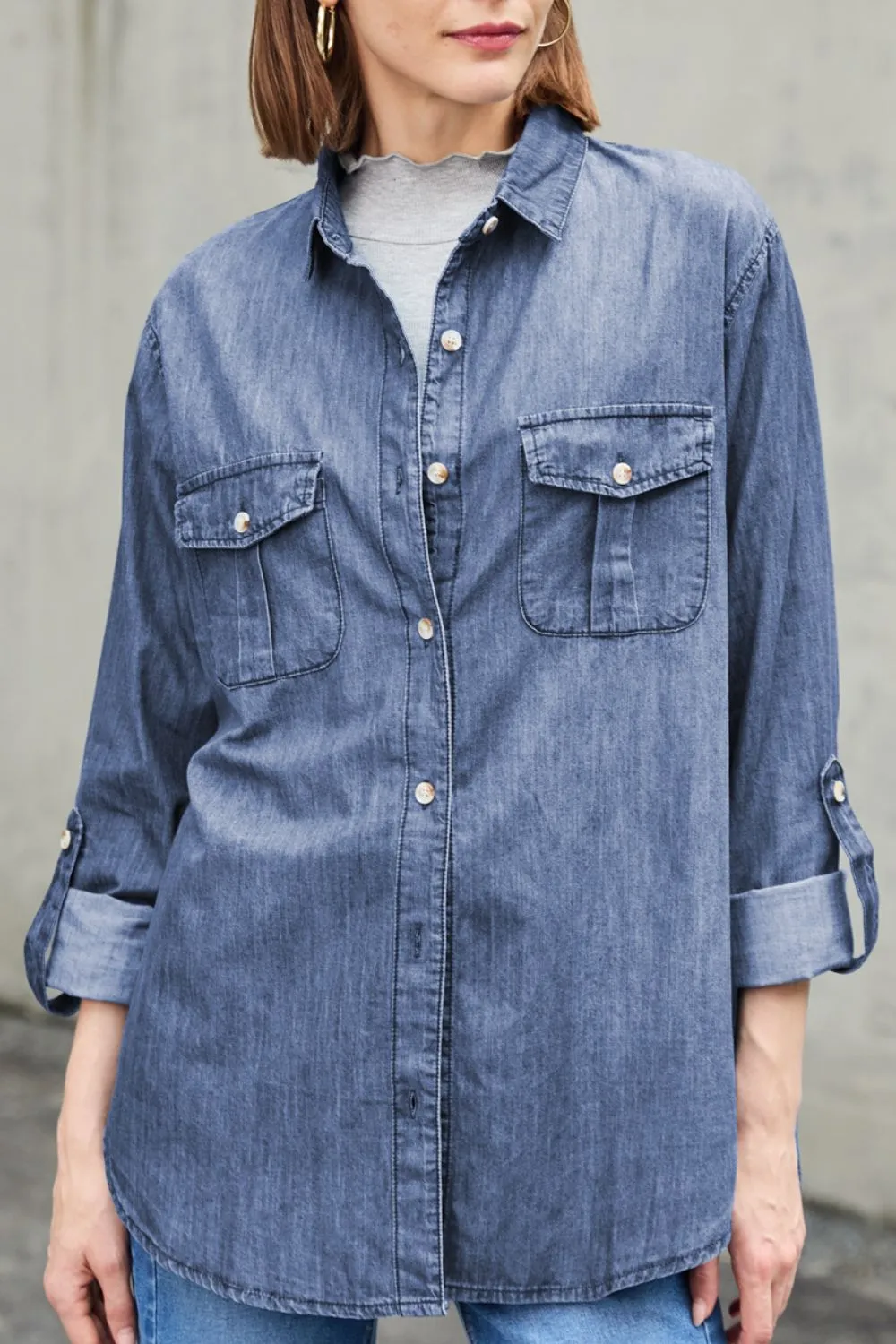 Pocketed Collared Neck Long Sleeve Denim Top, image 18