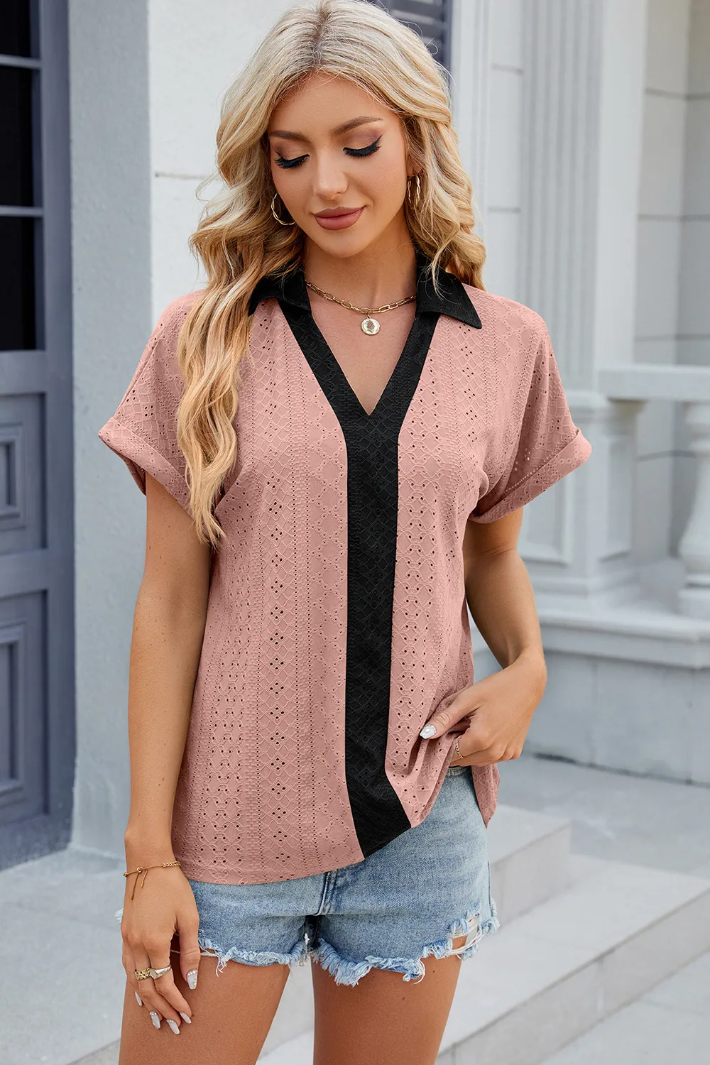 Eyelet Johnny Collar Short Sleeve T-Shirt, image 26