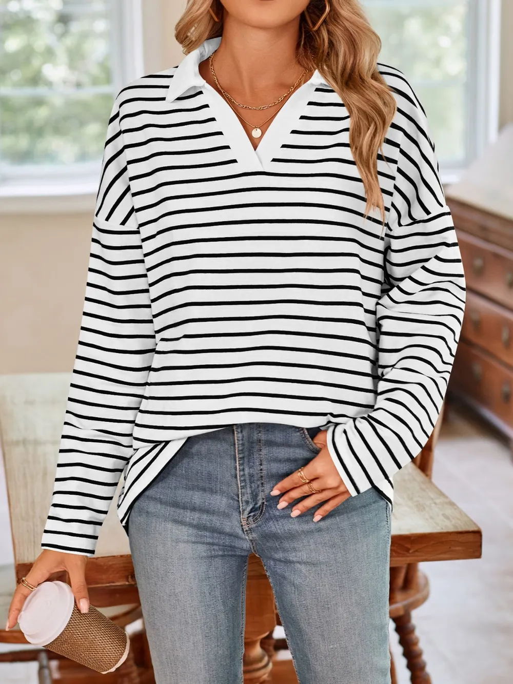Striped Johnny Collar Long Sleeve T-Shirt, image 12