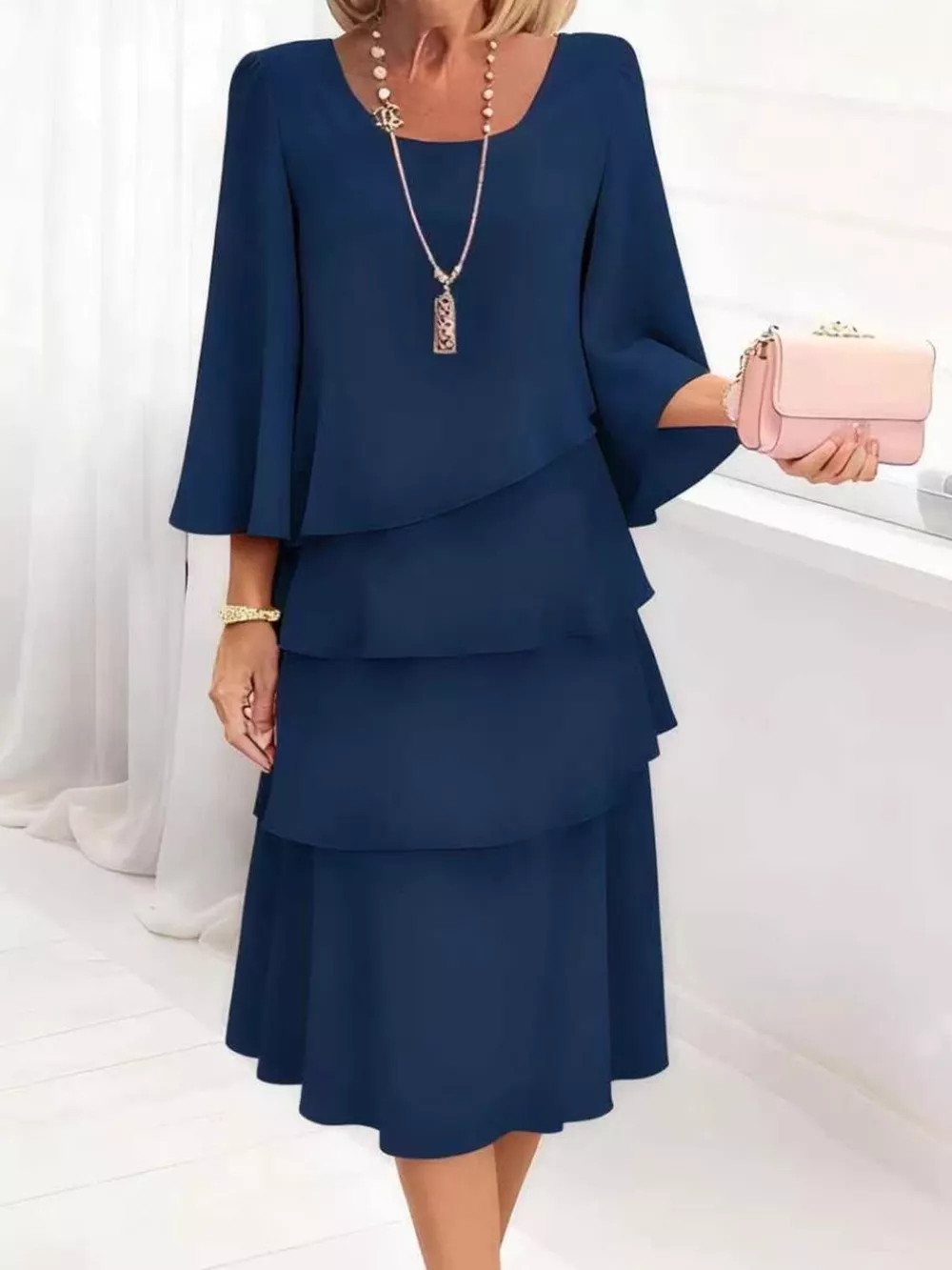 Full Size Ruffled Layered 3/4 Sleeve Dress Plus Size, image 12
