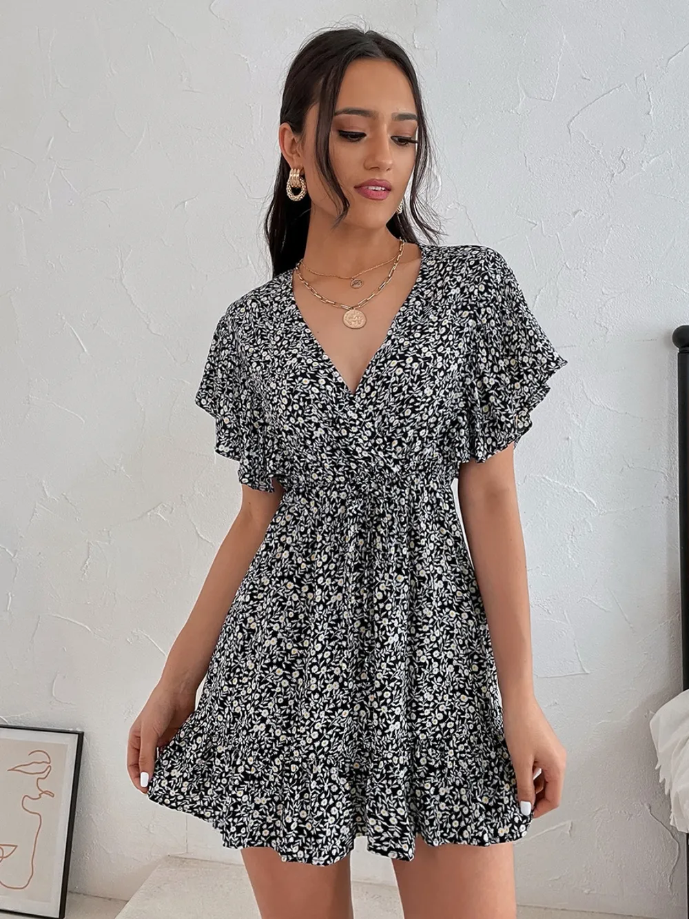 Cutout Ditsy Floral Surplice Flounce Sleeve Dress, image 3