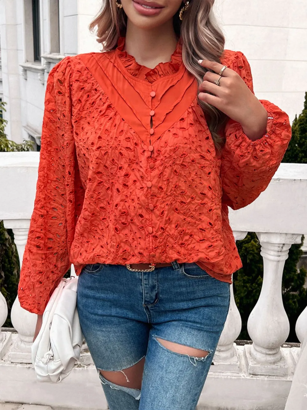 Frill Round Neck Long Sleeve Shirt, image 4