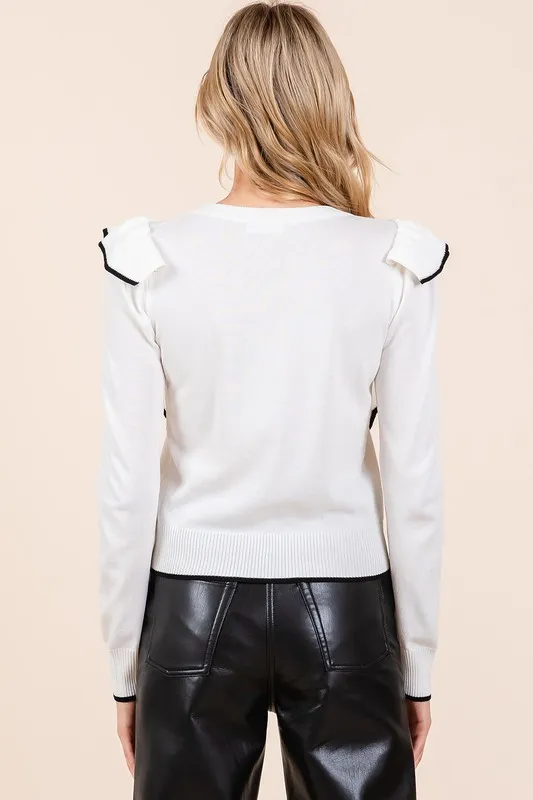 Contrast Trim Ruffled Round Neck Knit Top, image 6