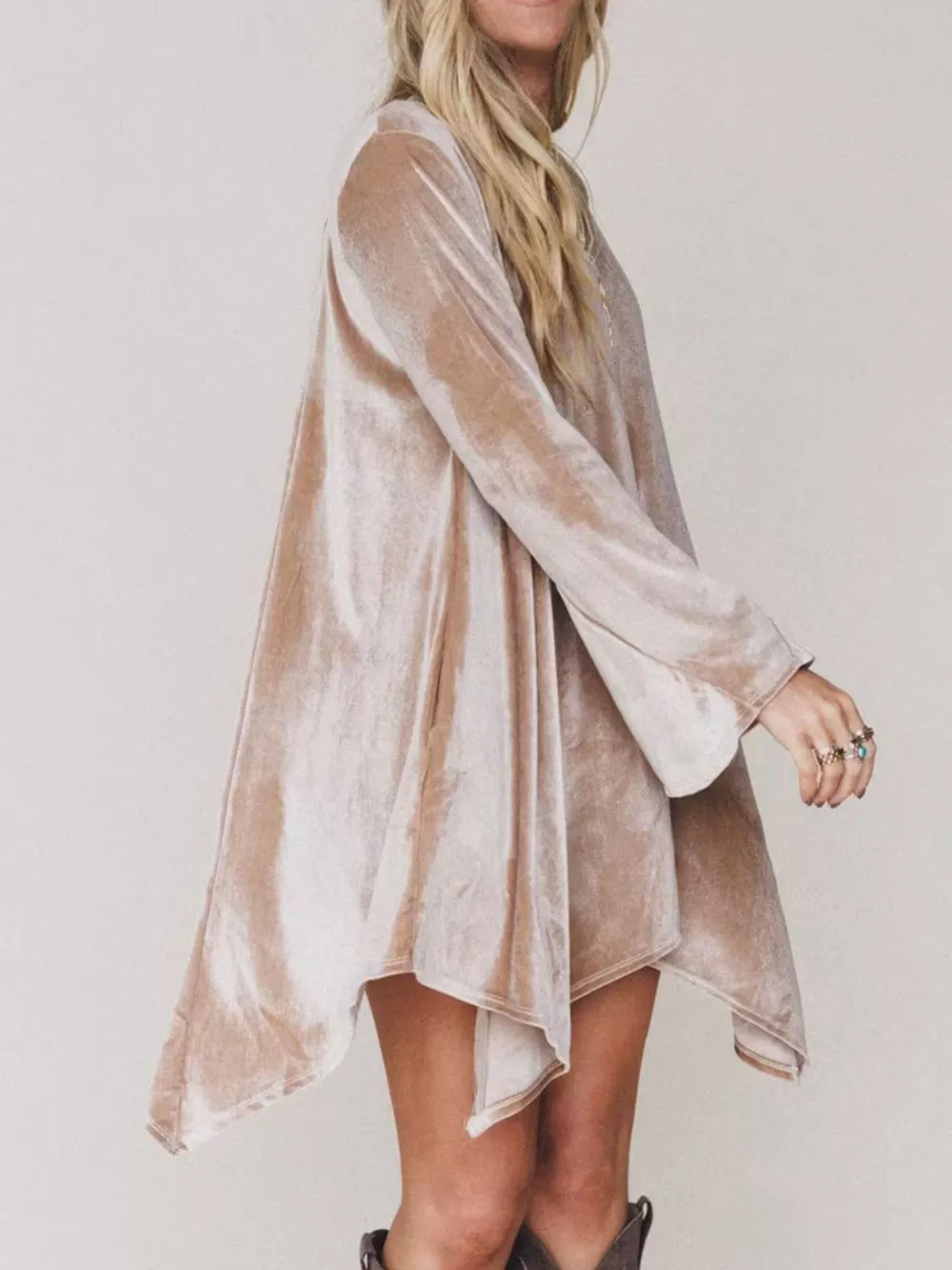 V-Neck Velvet Swing Asymmetrical Dress with Pockets, image 3