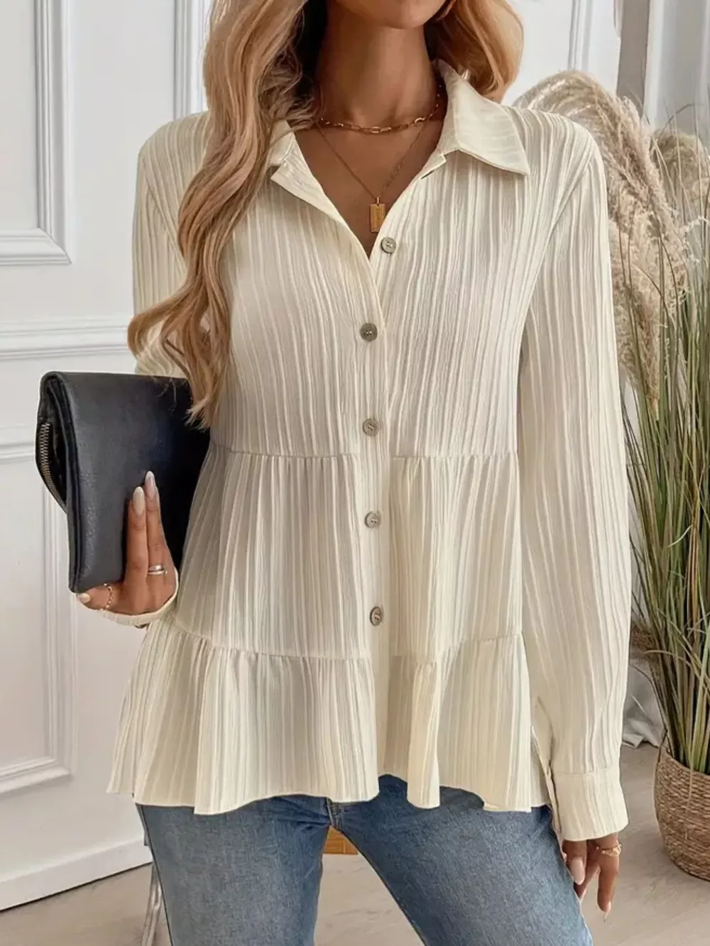 Button-Down Long Sleeve Tiered Shirt, image 3