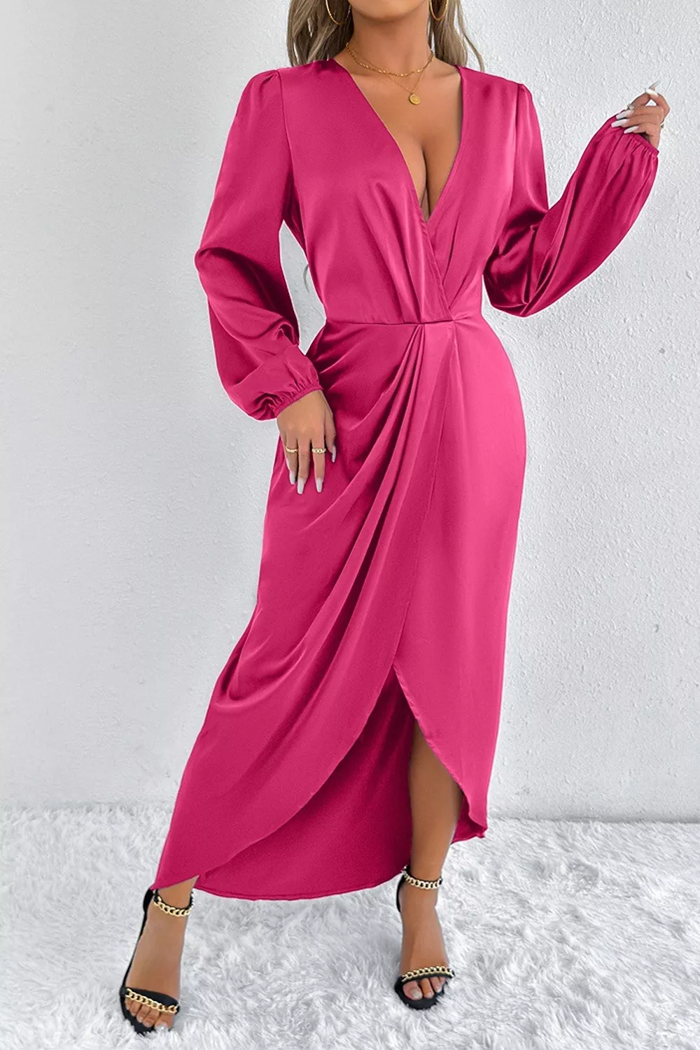 Satin Balloon Sleeve Midi Dress, image 13
