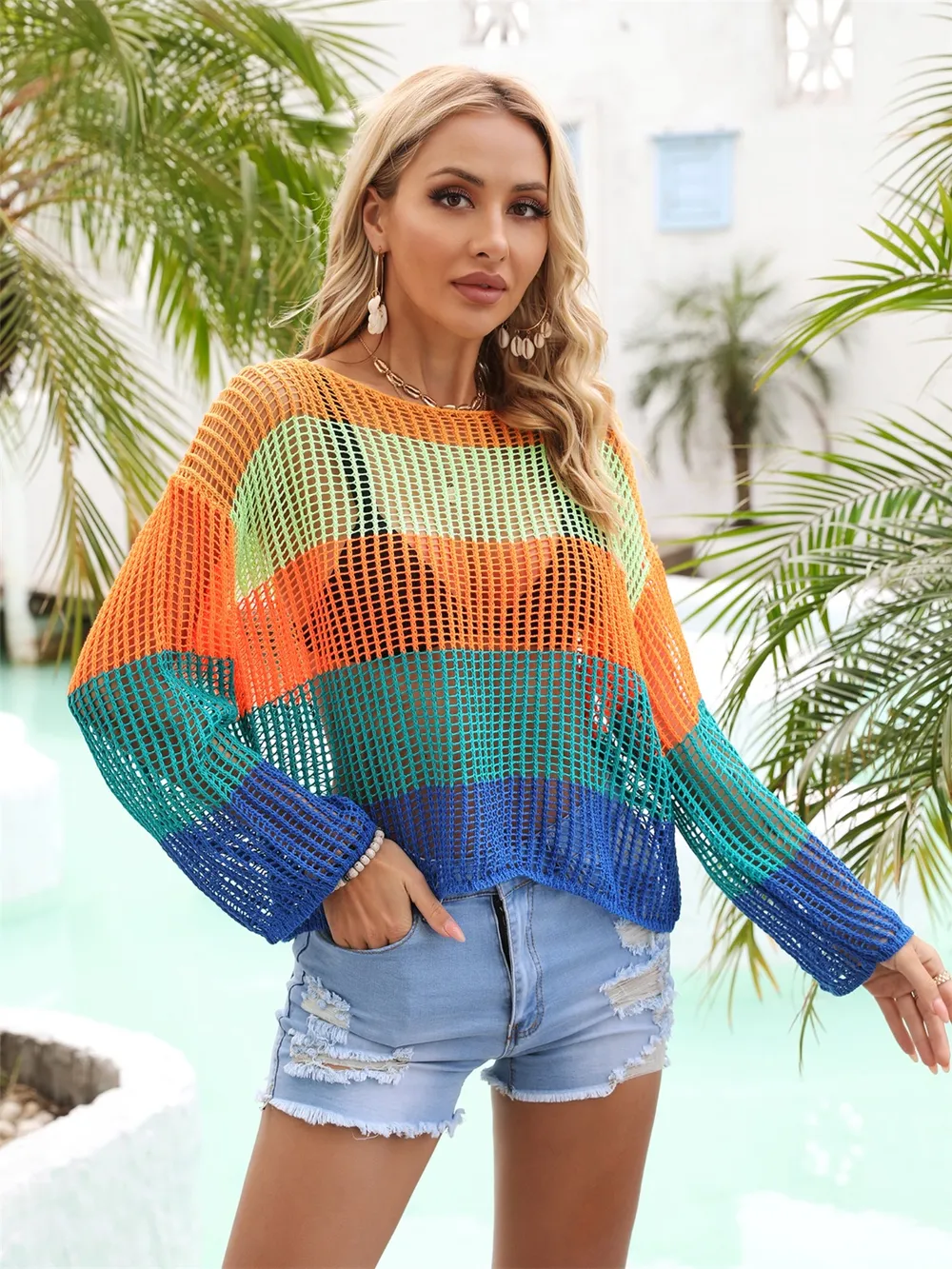 Color Block Openwork Boat Neck Cover Up, image 14