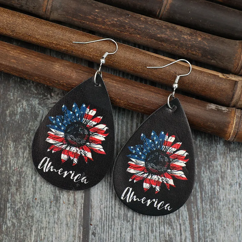 PU Leather Sunflower Teardrop Shape Earrings, image 4