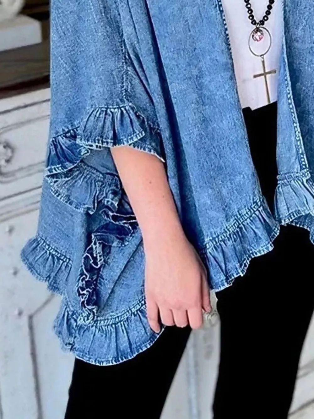 Full Size Ruffled Edge Open Front Denim Jacket Plus Size, image 3