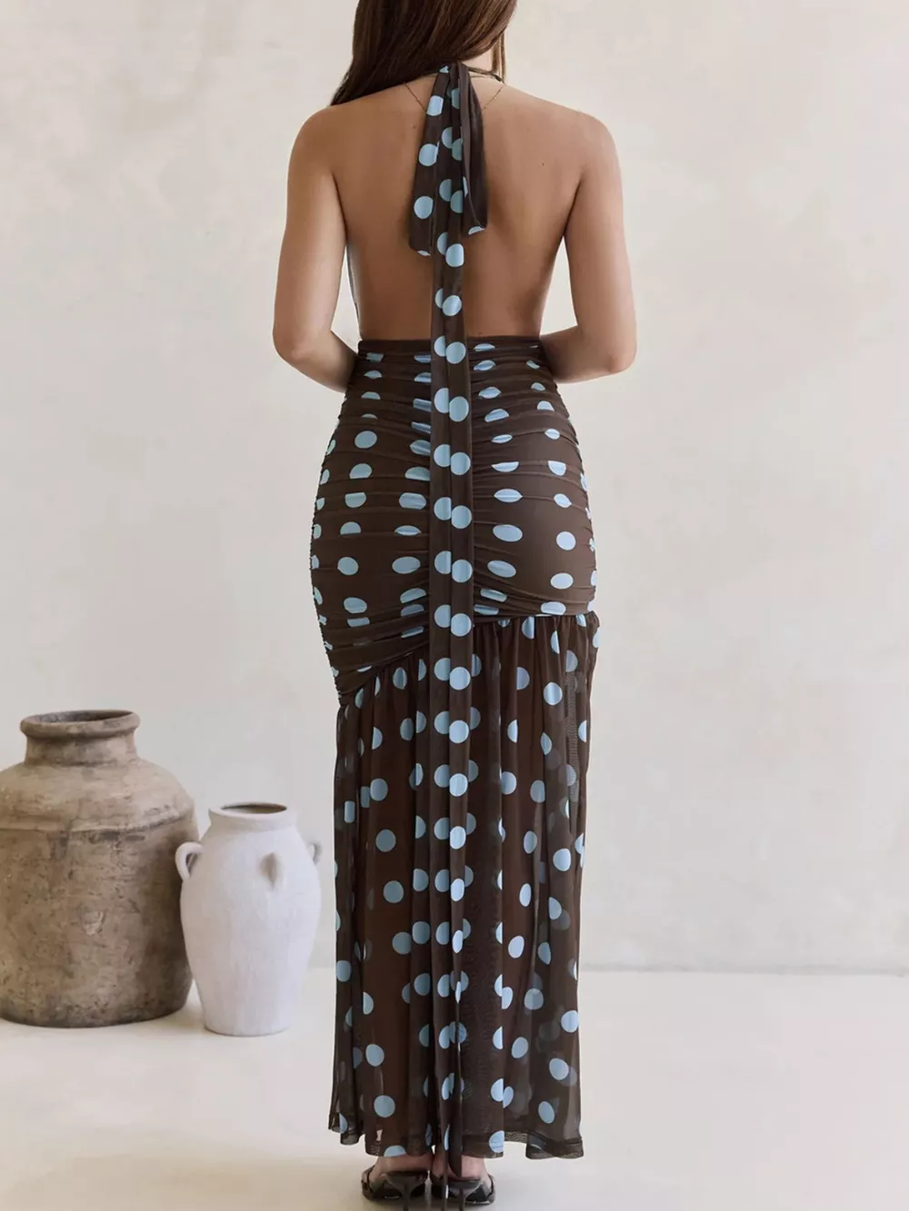 Polka Dot Halter Ruched Maxi Dress, image 15
