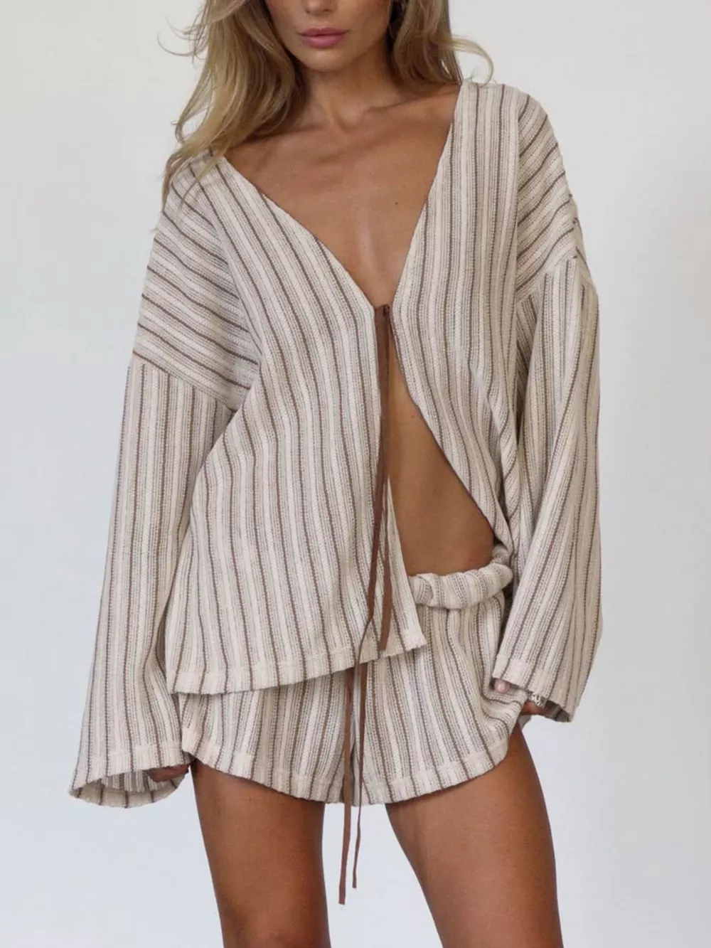 Striped Tie Front Top and Shorts Lounge Set, image 6