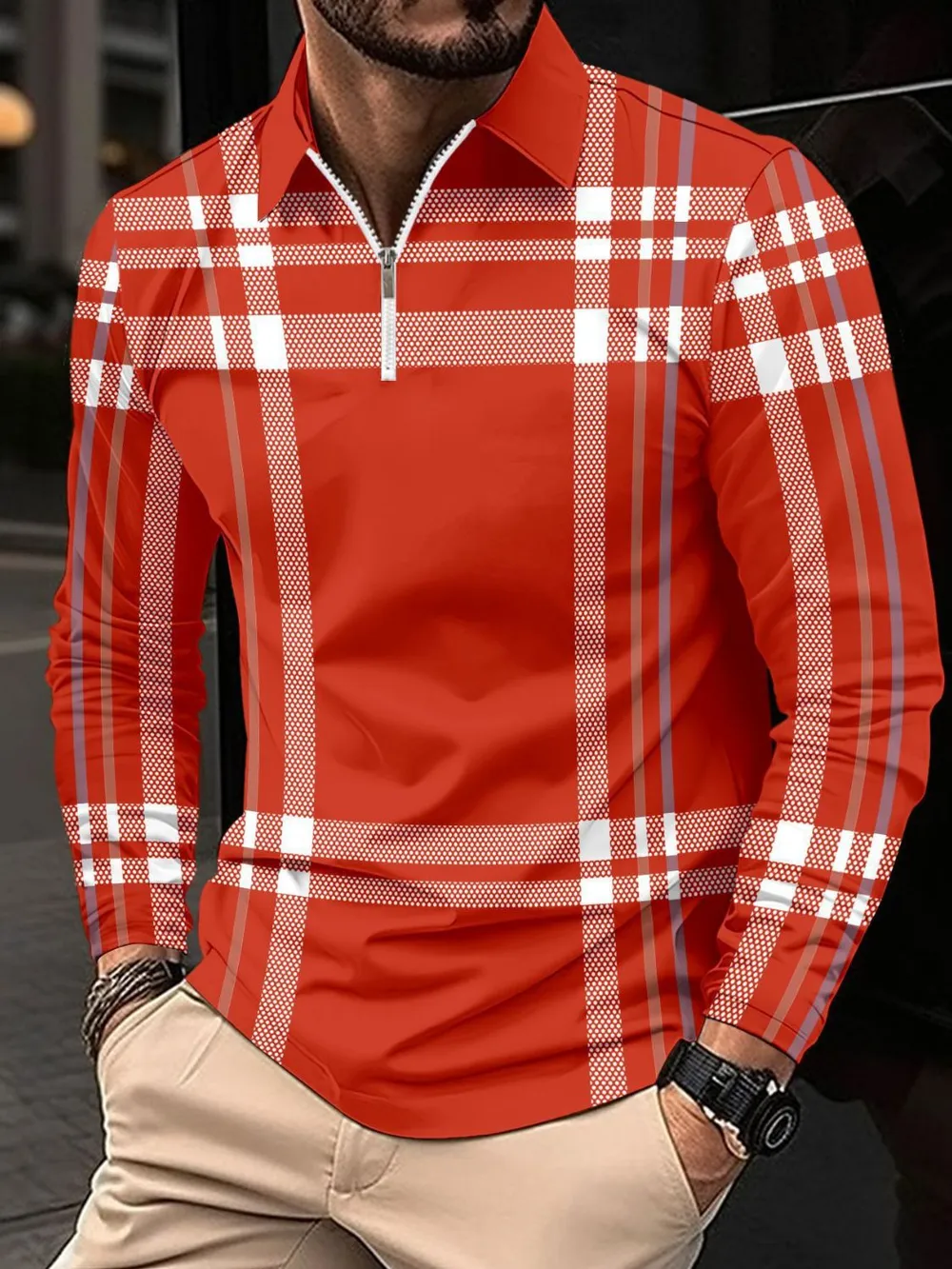Men's Full Size Plaid Zip Collar Long Sleeve Polo Plus Size, image 7