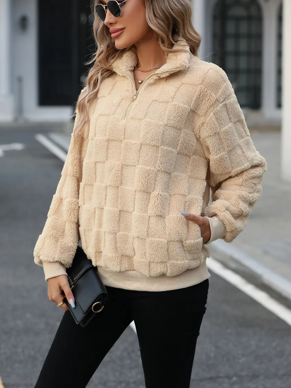 Fuzzy Quarter Zip Long Sleeve Sweatshirt, image 4