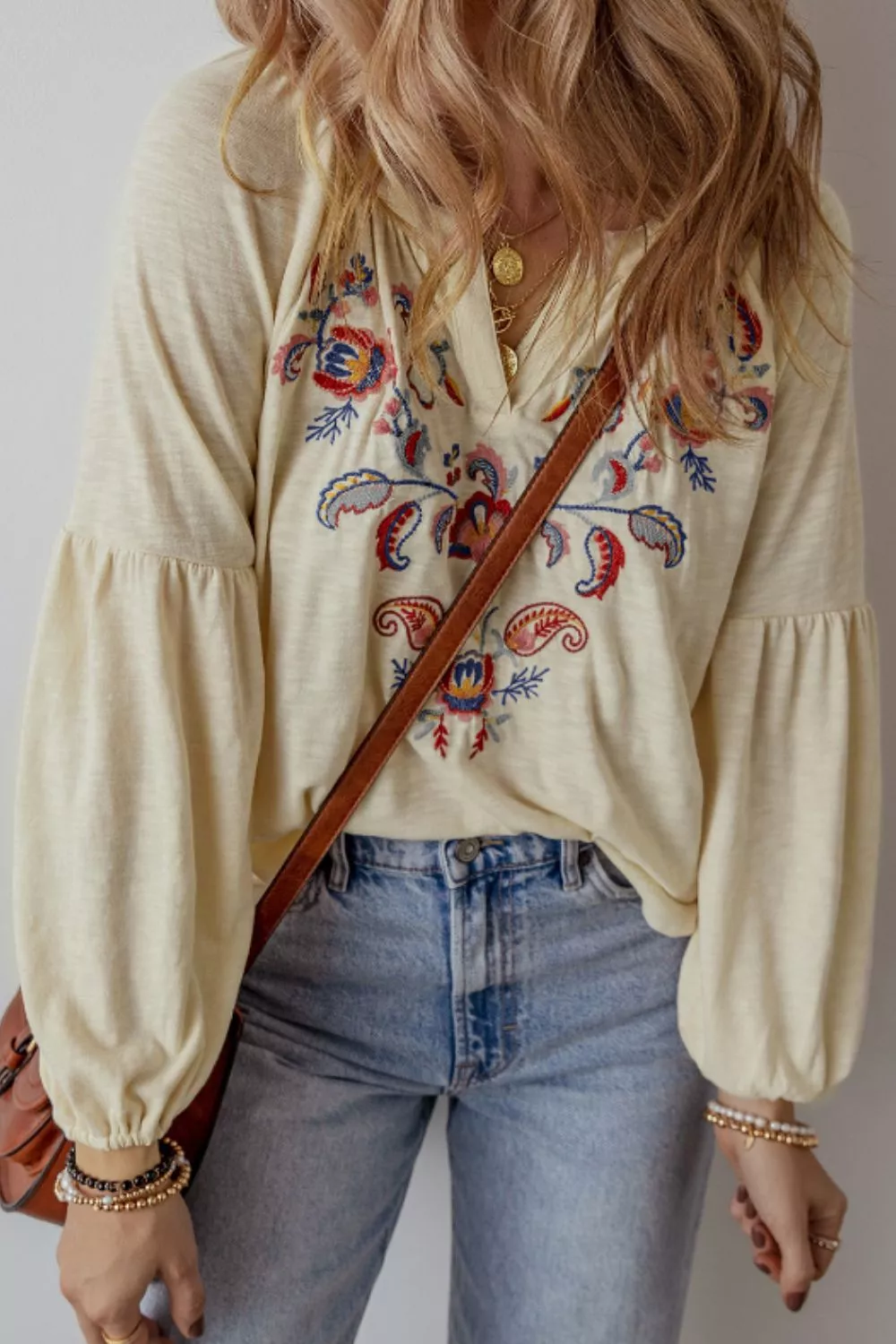 Embroidered Notched Long Sleeve Blouse, image 4