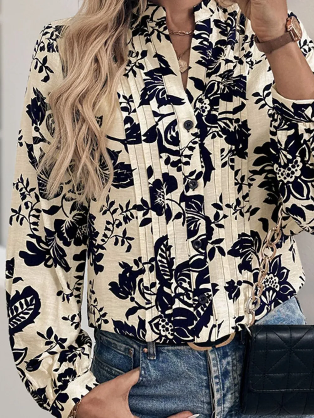 Printed Notched Long Sleeve Shirt, image 7
