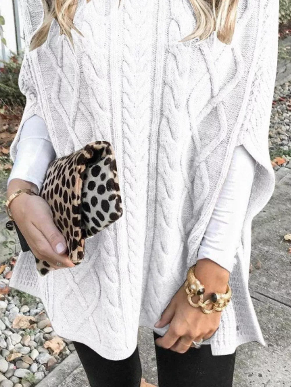 Chunky Cable Knit Turtleneck Poncho Cover Up, image 13