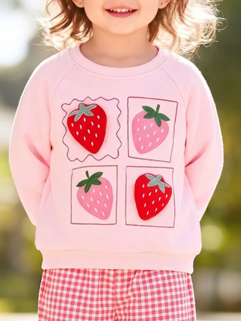 Children's Strawberry Graphic Sweatshirt and Gingham Pants Set, image 3