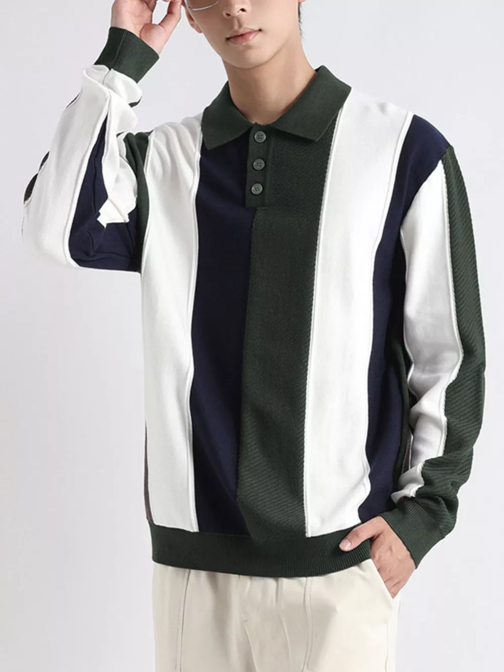 Men's Plus Size Color-Block Striped Polo Collar Knit Top, image 7