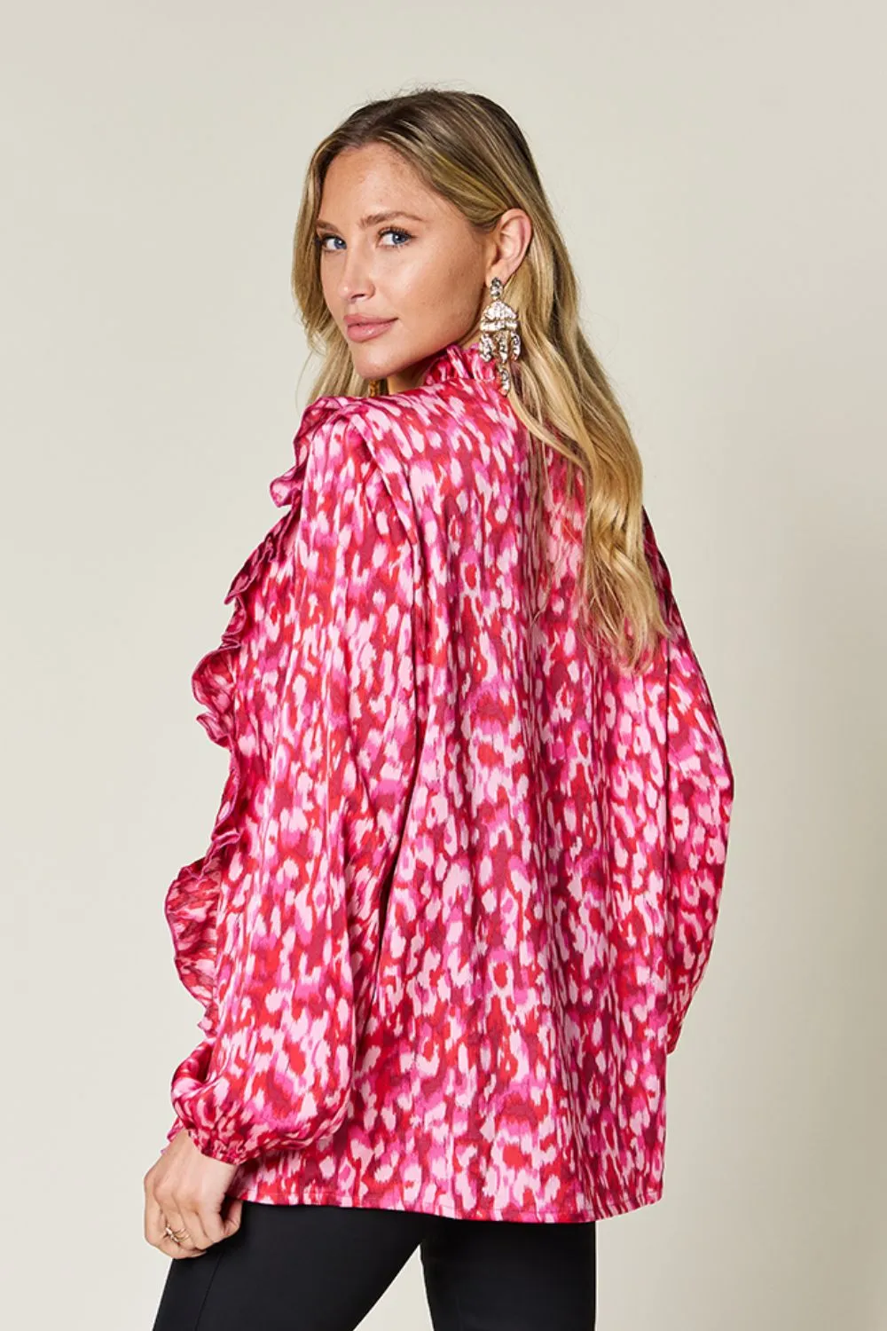 Full Size Printed Ruffle Trim Balloon Sleeve Shirt, image 24