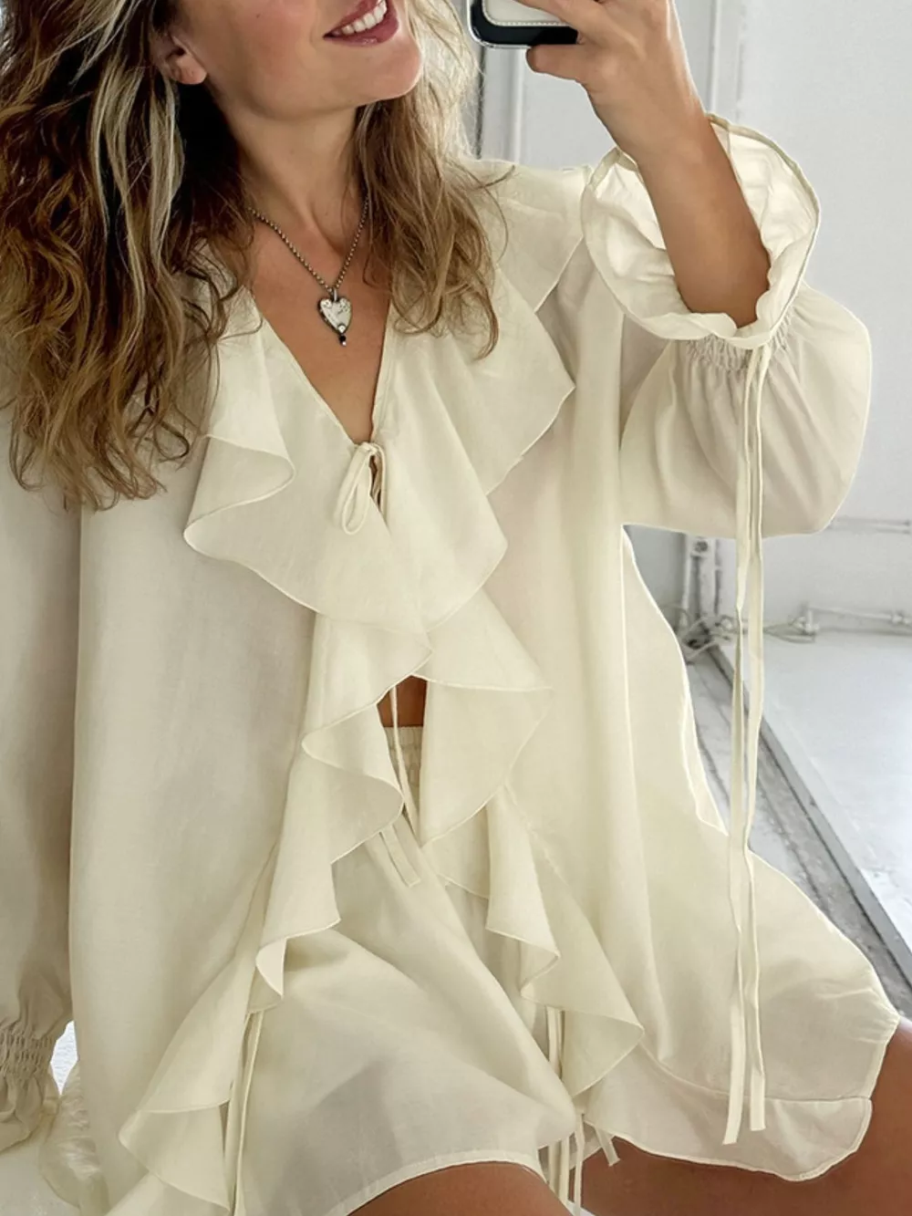 Ruffled Tie Front Blouse and Shorts Set, image 2