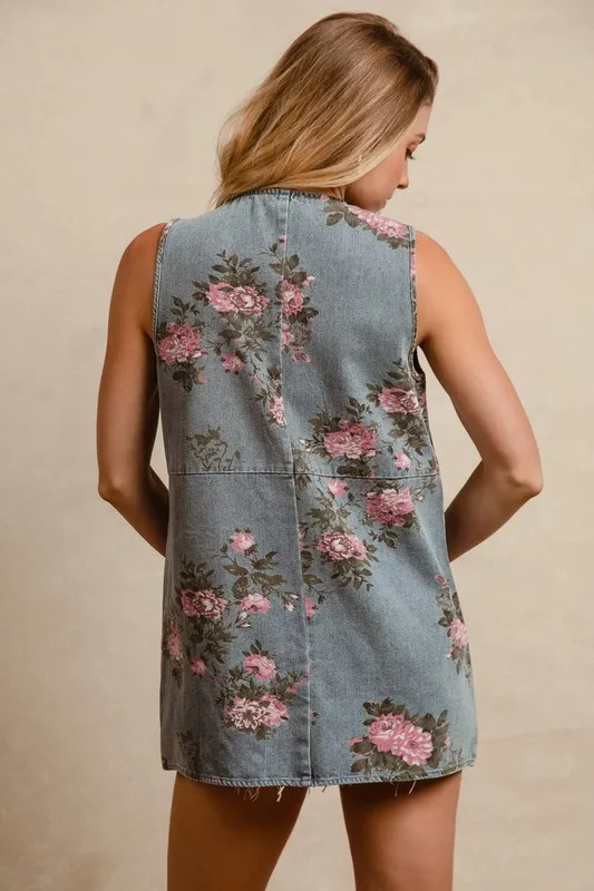 Floral Print Washed Denim Long Rider Vest, image 9