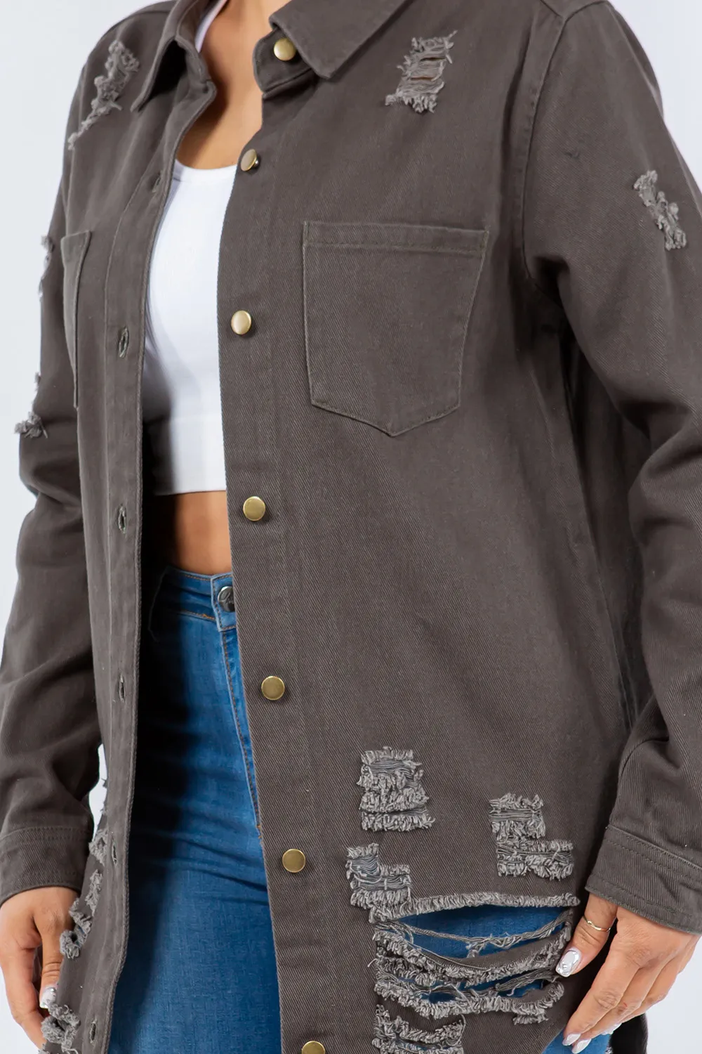 Distressed Button Up Long Sleeve Denim Jacket, image 5