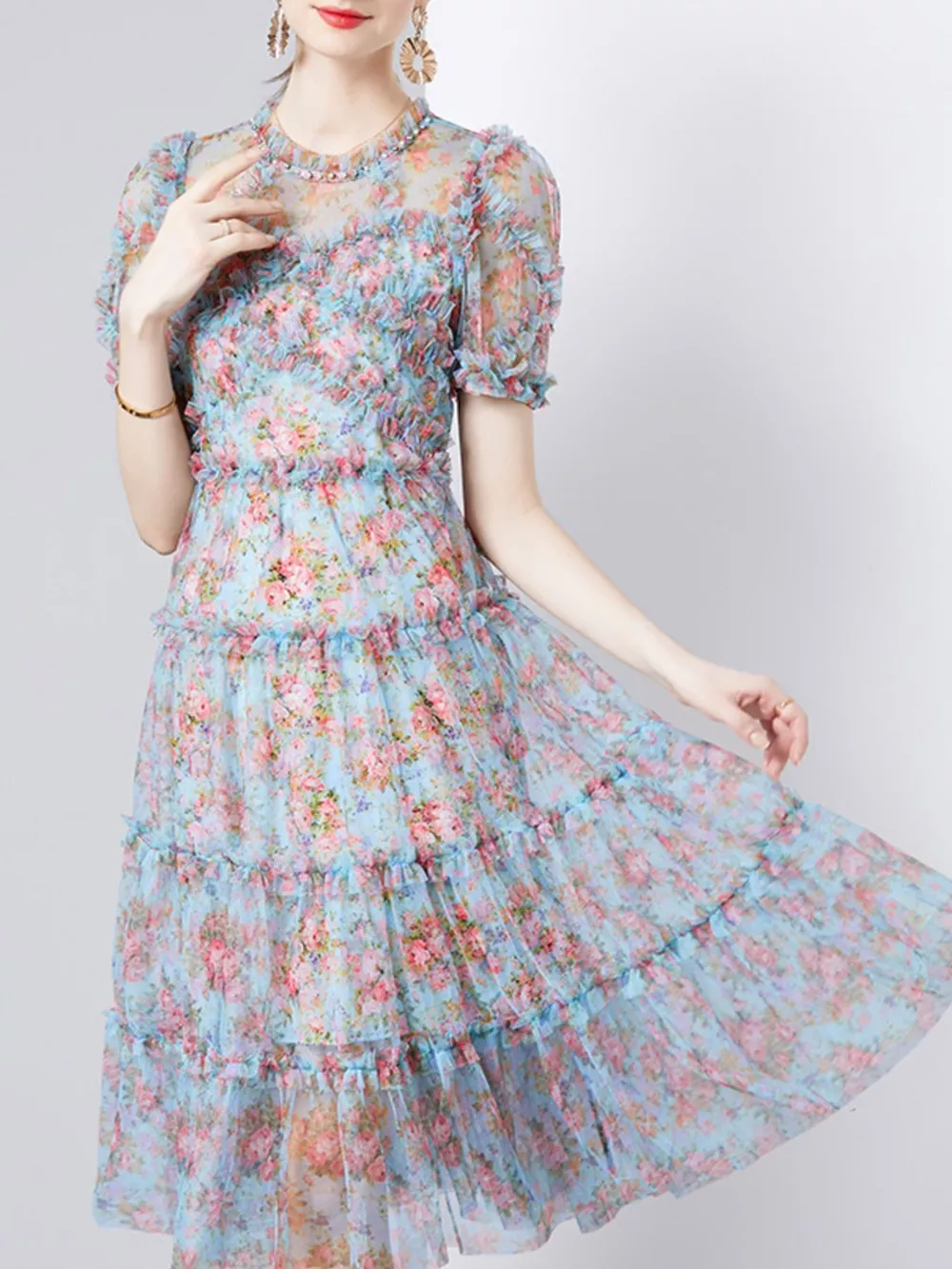 Frill Floral Print Short Sleeve Dress, image 4