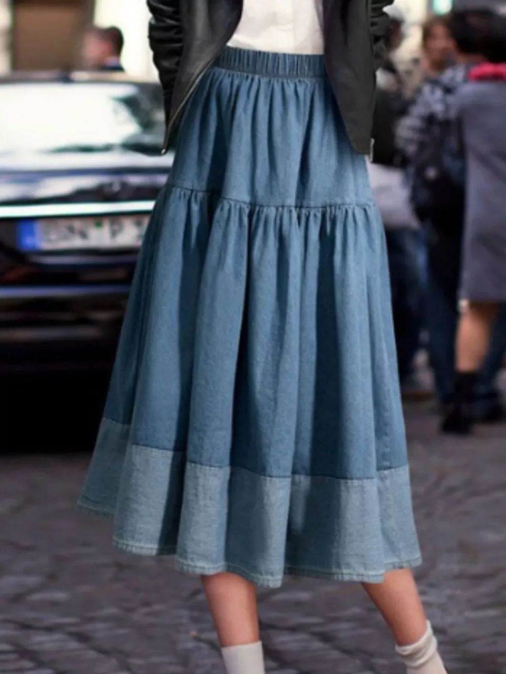 Tiered Denim Midi Skirt, image 5
