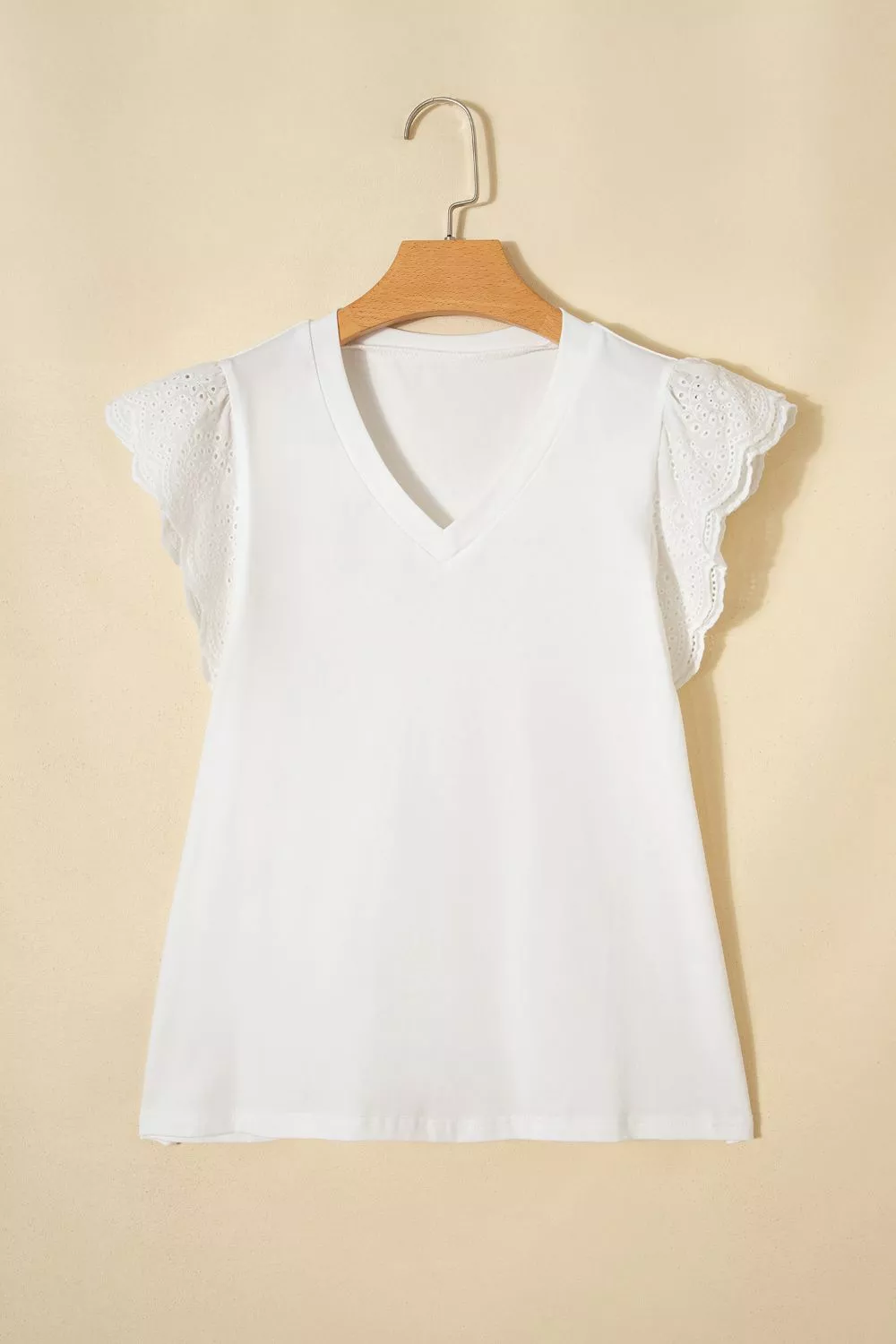 Eyelet Embroidered Flutter Sleeve Patchwork V Neck Tee, image 4