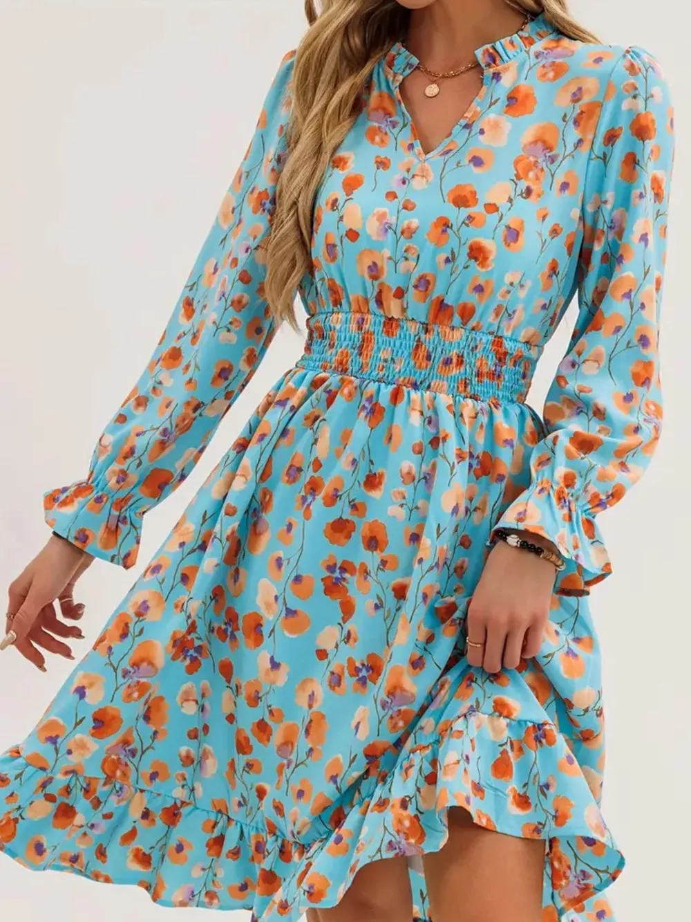 Floral Notched Flounce Sleeve Dress, image 19