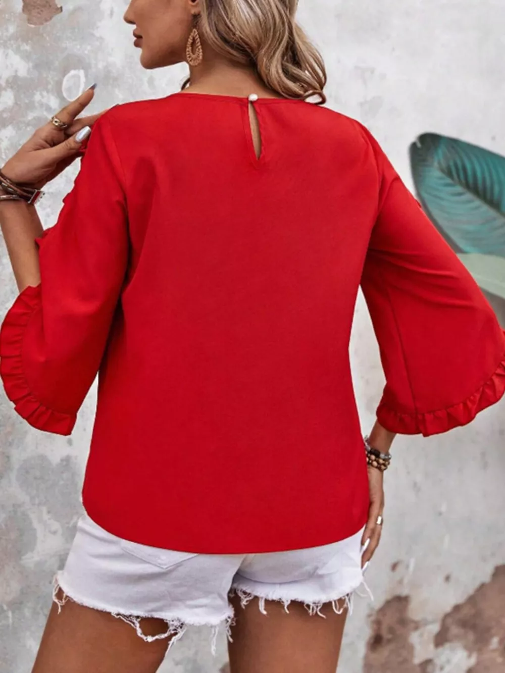 Ruffle Sleeve Solid Color Blouse, image 6
