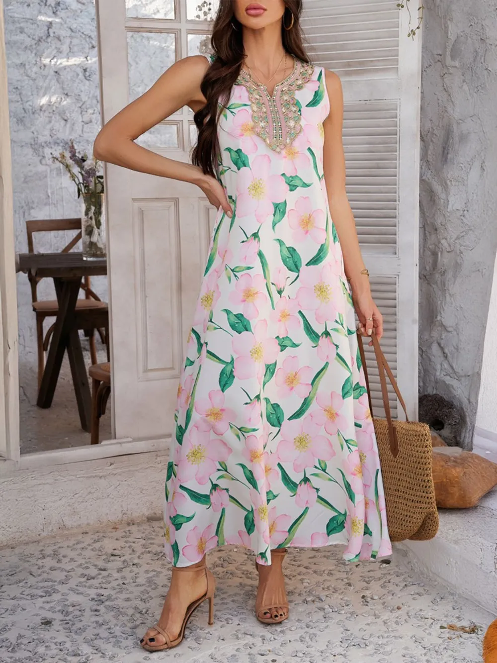 Printed Sleeveless Maxi Dress, image 8