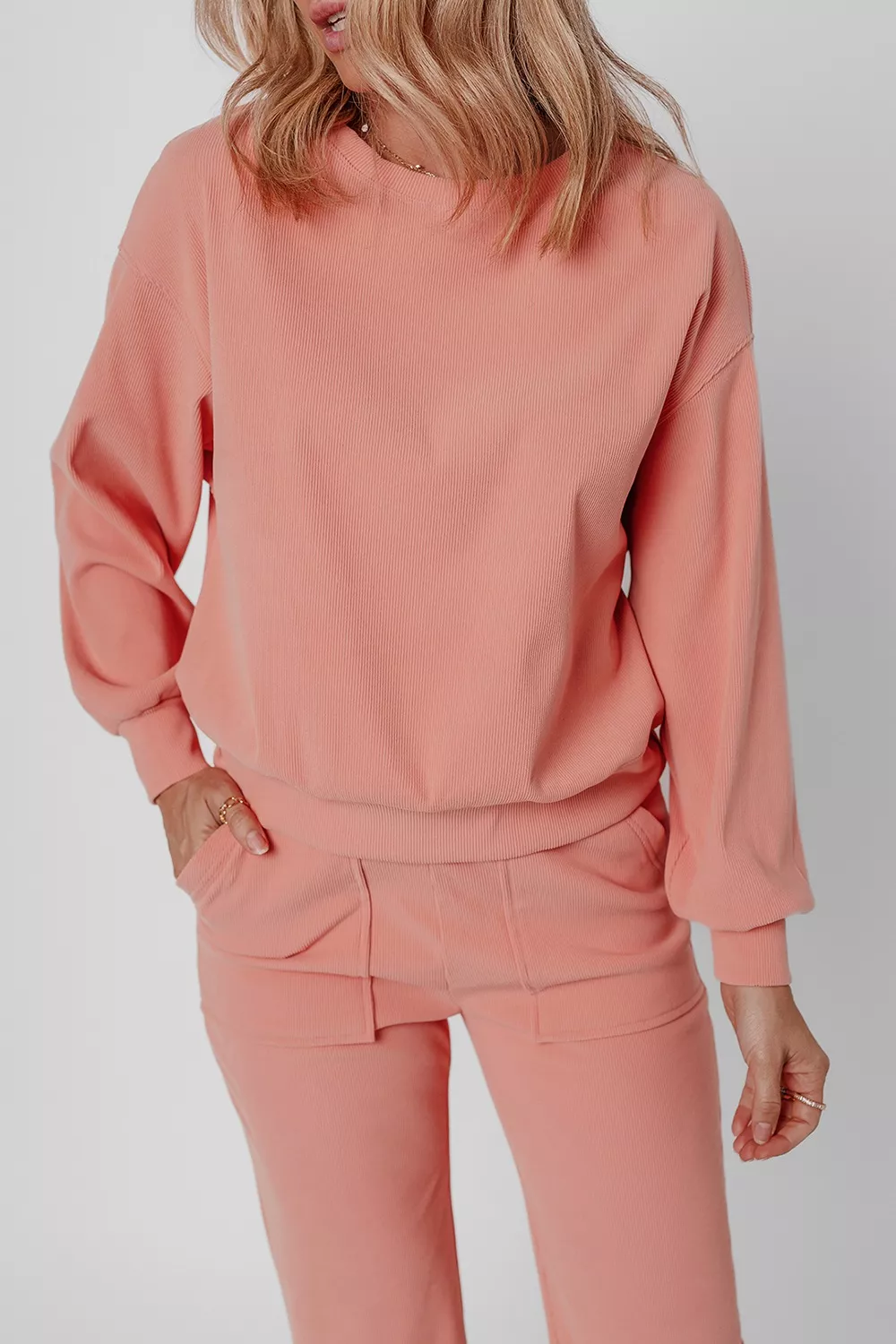 Ribbed Round Neck Top and Pants Set, image 16