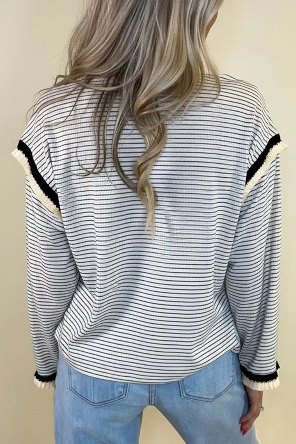 Stripe Contrasted Ruffle Trim Loose Long Sleeve Top, image 7