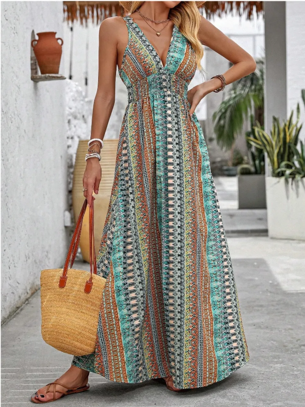 Tied Back Printed Sleeveless Maxi Slit Dress, image 10