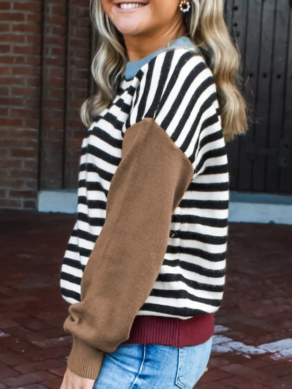 Striped Panels Colorblock Sleeve Sweater, image 2