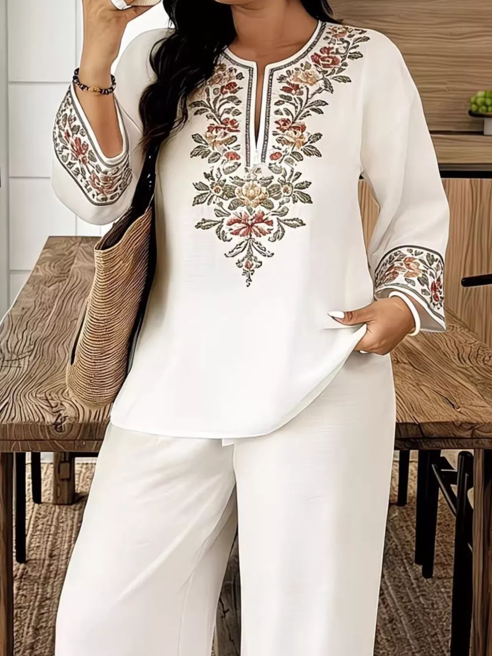 Full Size Embroidered Long Sleeve Top and Pants Set Plus Size, image 2