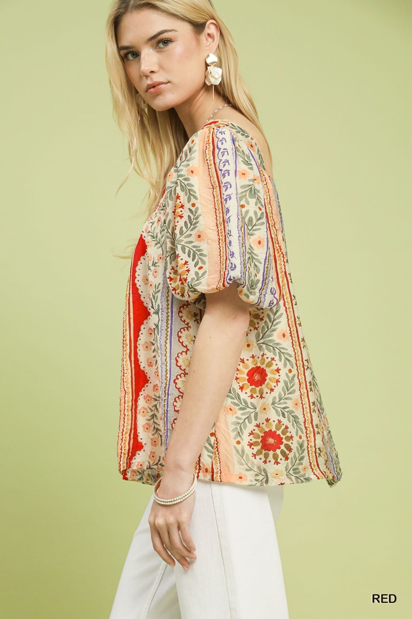 Patchwork Puff Sleeve Smocked Blouse, image 5