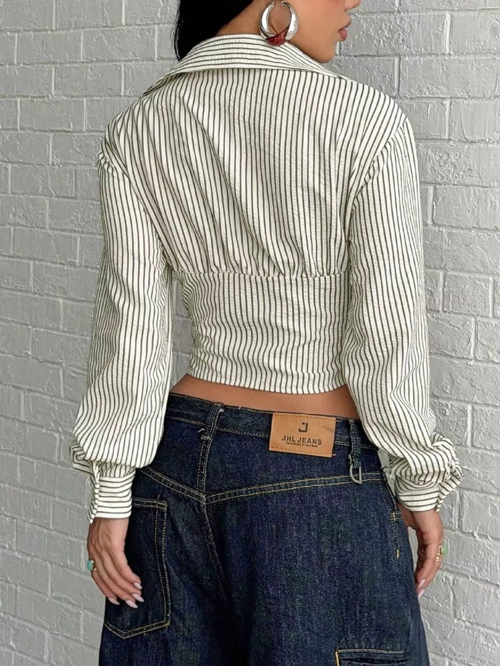 Deep V-Neck Striped Long Sleeve Blouse, image 5