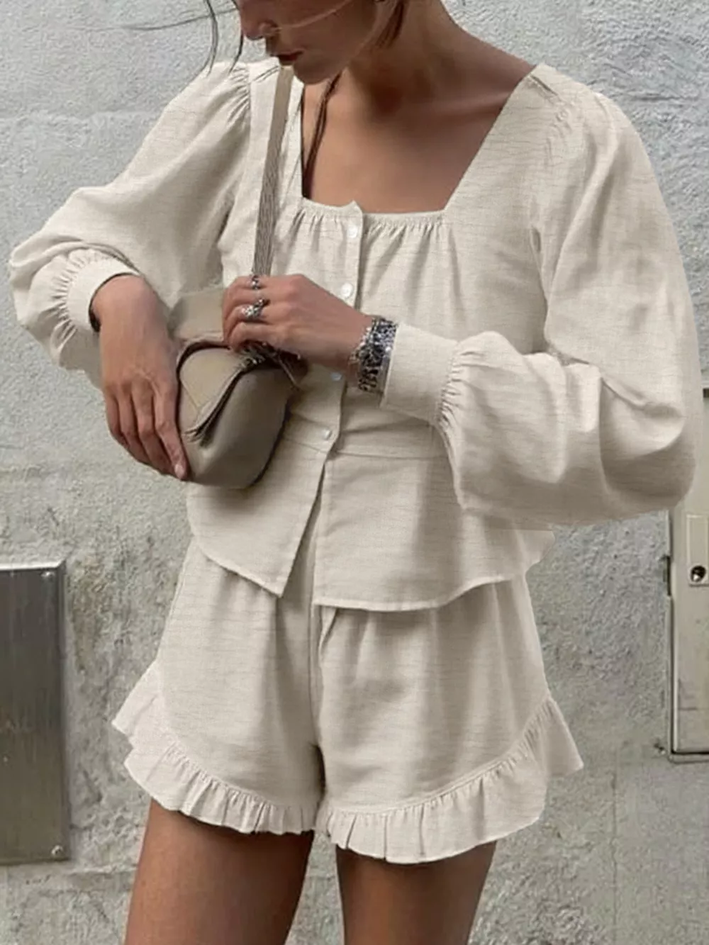 Button Front Lantern Sleeve Top and Shorts Set, image 5