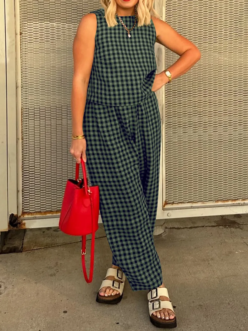 Plaid Round Neck Sleeveless Top and Pants Set