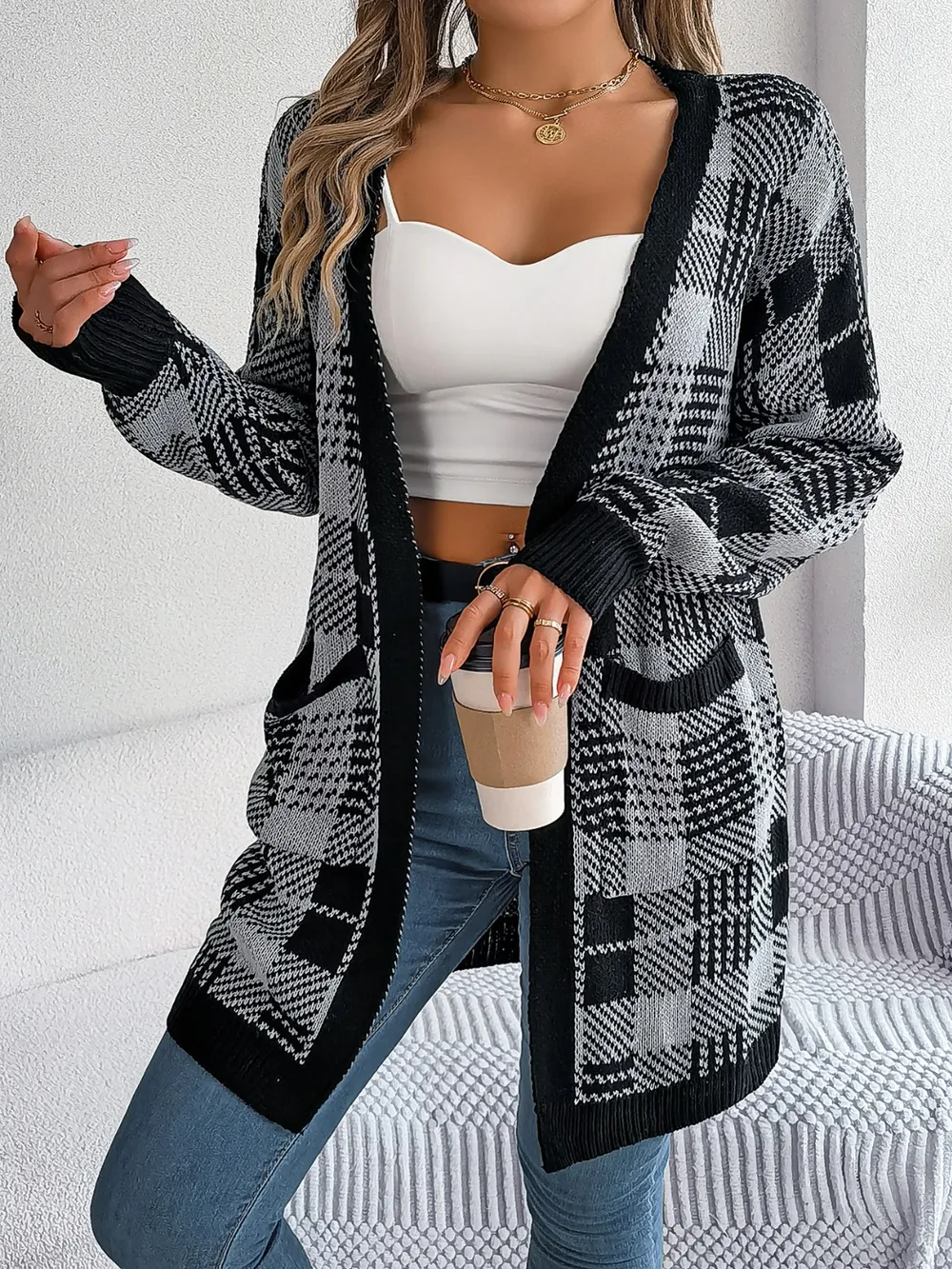 Plaid Open Front Long Sleeve Cardigan, image 11