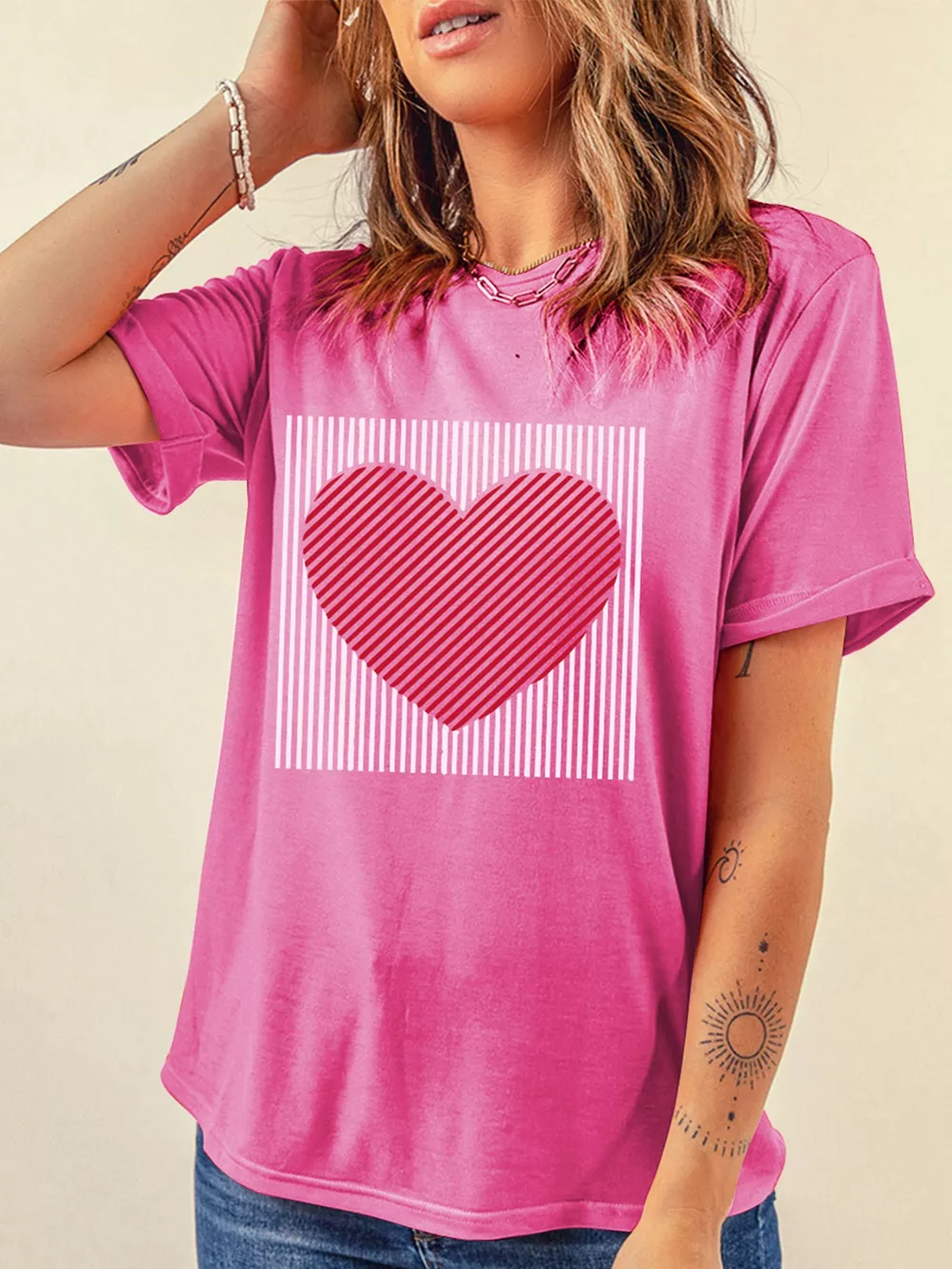 Contrast Striped Heart Printed Valentines Day T Shirt, image 5