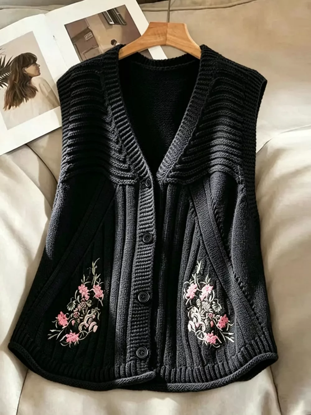 Floral Embroidered V-Neck Button-Down Sweater Vest