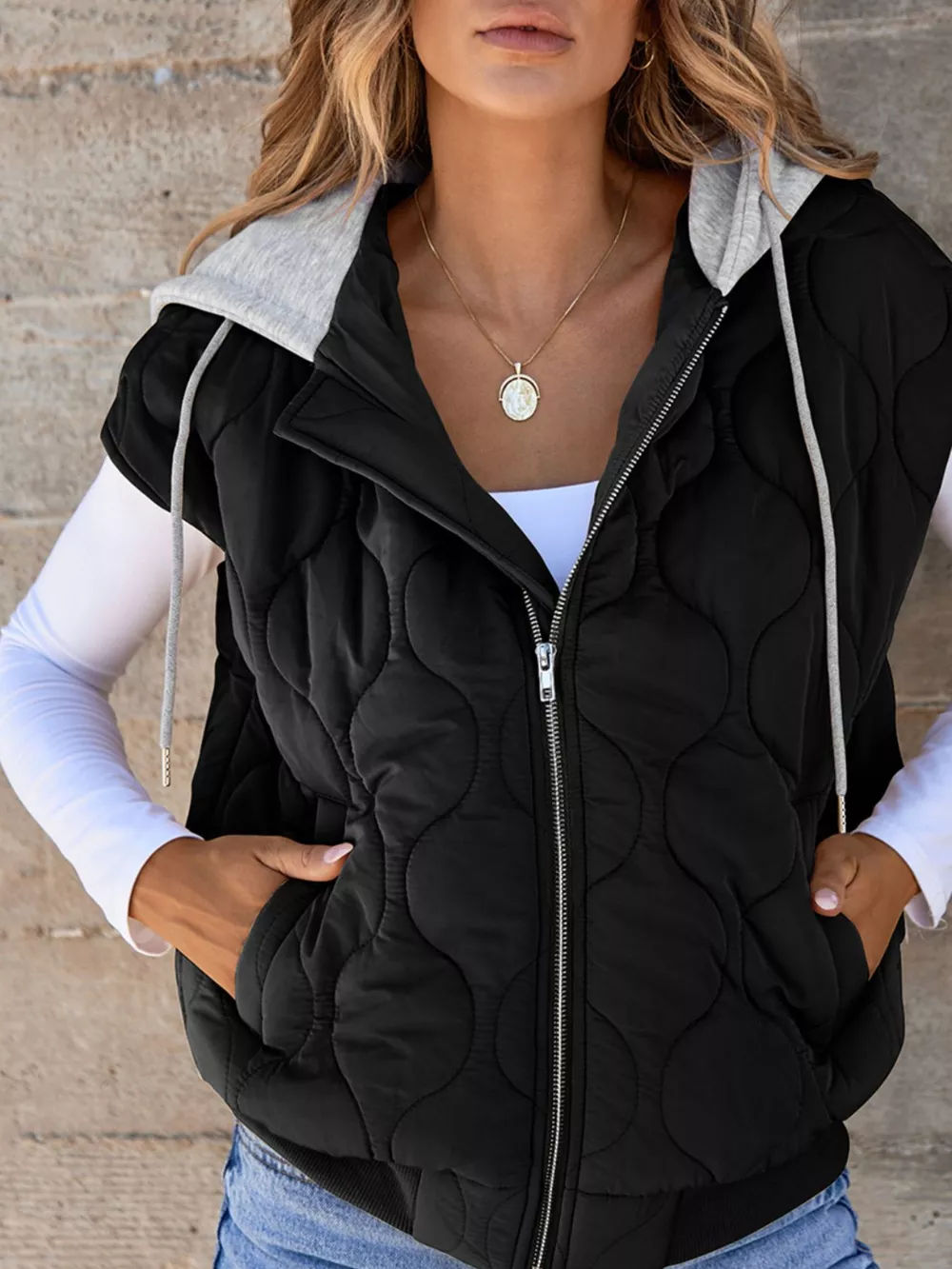 Quilted Drawstring Hooded Zip Up Puffer Vest, image 3
