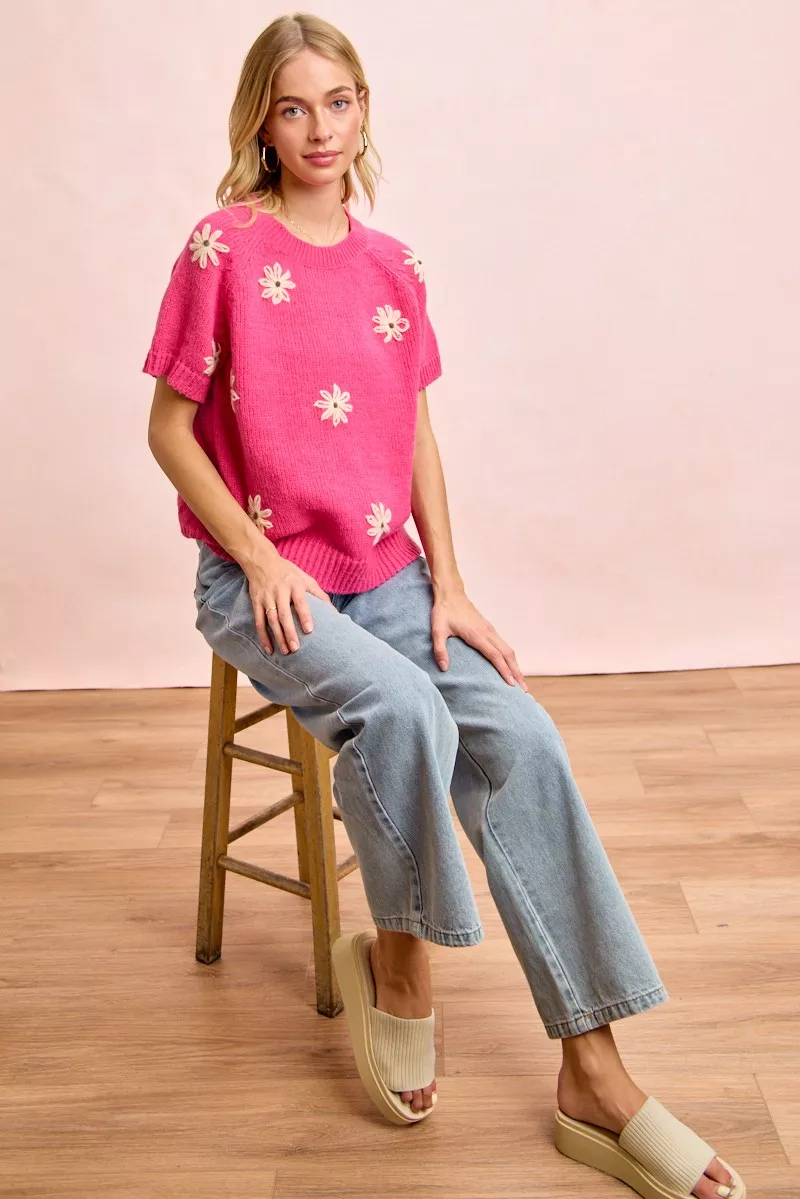 Flower Embroidered Short Sleeves Knit Top, image 7