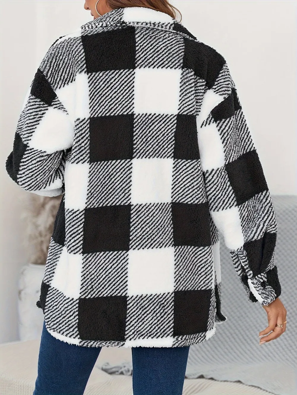 Plaid Button Up Long Sleeve Fuzzy Outerwear, image 3
