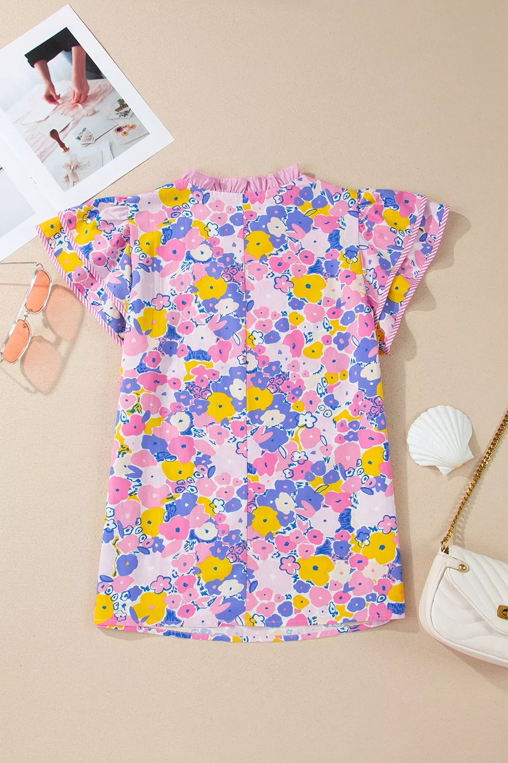 Floral Print Striped Color Block Patchwork V Neck Flutter Sleeve Blouse, image 4