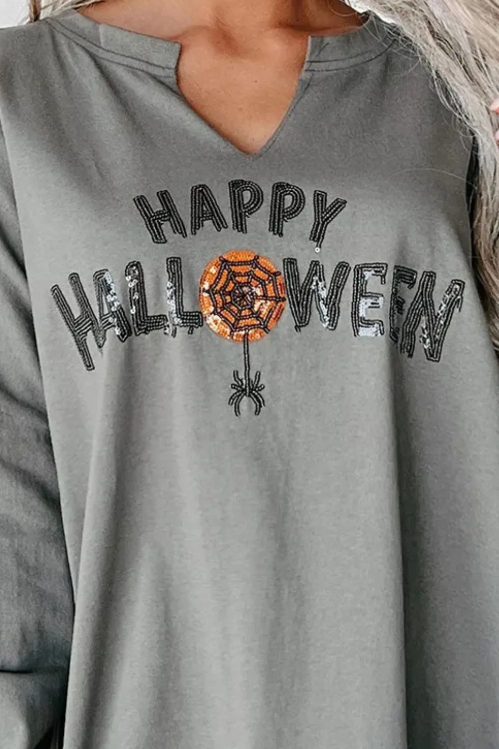 Sequin Letter Graphic Notched Long Sleeve Sweatshirt, image 10
